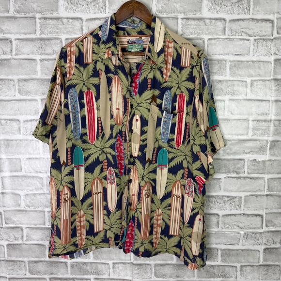 VTG Reyn Spooner Tropical Surfboard Print Hawaiian Button Shirt Mens Large Flaws - Picture 1 of 7
